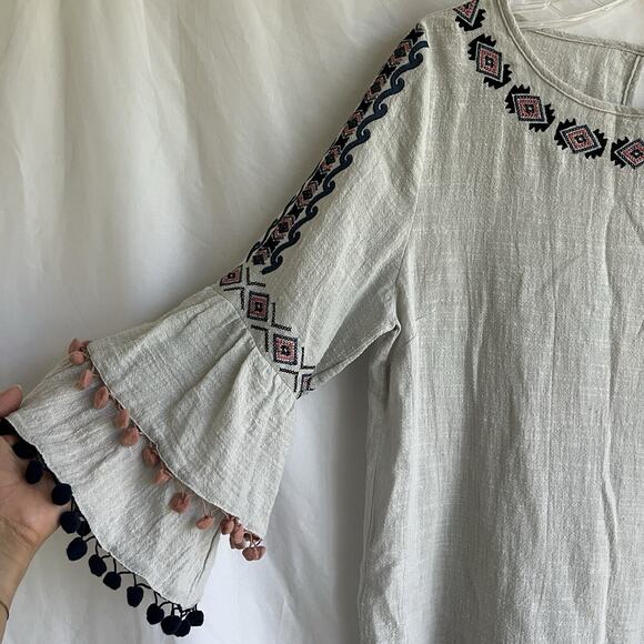 See and be Seen cotton embroidered bell sleeve top round neck pom pom details, S - Picture 2 of 7